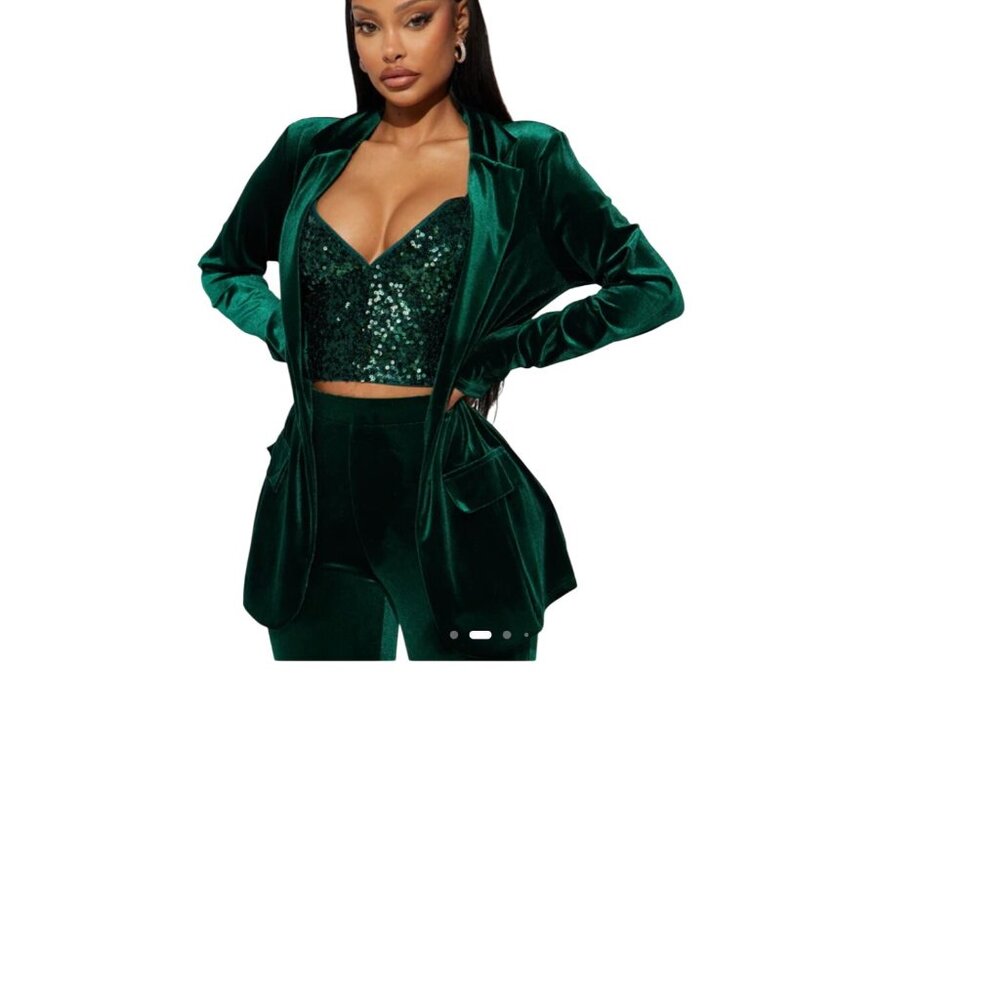 Fashion Nova Green Velvet Blazer Size L Long Holiday Christmas Party Plush